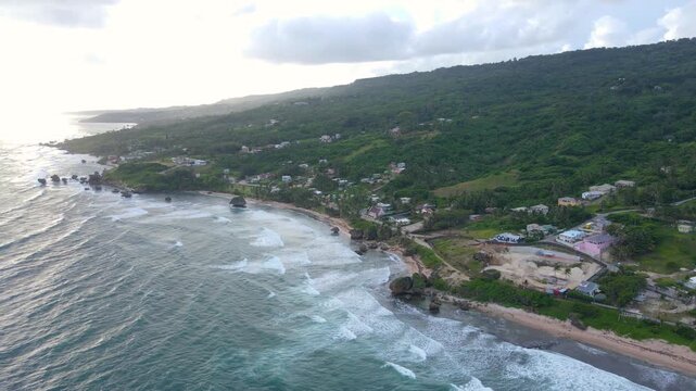 Bathsheba Beach aerial view including mushroom rock in village of Bathsheba, Saint Joseph, Barbados. 