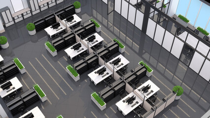 Top view of modern office with modular workstations, partitions, glass walls, shelving and cabinets, planters with green plants. 3d illustration