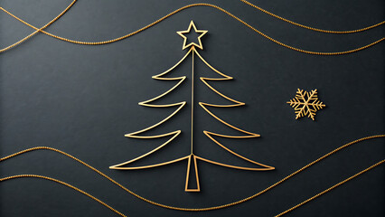 Golden christmas tree on dark background with snowflake