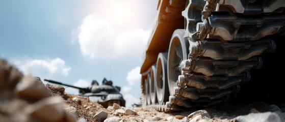 Obraz premium Close-up view of the track system on an old Soviet tank against a blue sky with bright lighting showcasing metalwork textures