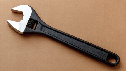 Focus on a black wrench with silver accents on a brown backdrop representing home maintenance tools and their role in everyday tasks and repairs