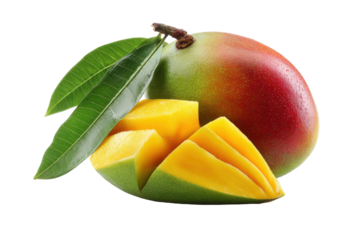 Ripe mango fruit with slices and leaves isolated on transparent background. Juicy ripe mango fruit whole and sliced with green leaves isolated on white background.