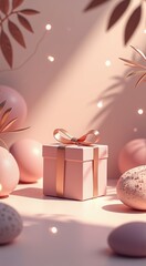 Present box with a bow on it surrounded by easter eggs