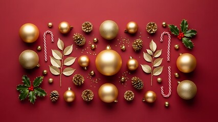 christmas tree decorations. gift card. red background. ornaments red background