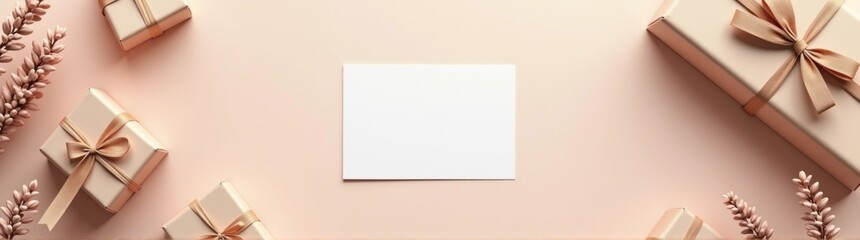 Many presents wrapped in brown paper and tied with bows congrarulation holiday background copy space banner