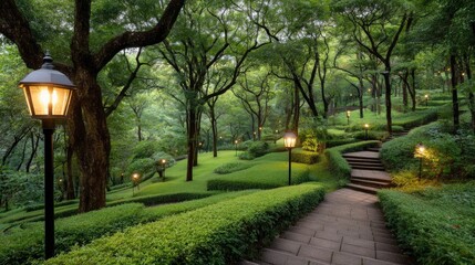 Obraz premium Walk along the stone path in a garden with green hedges and decorative lighting in the park during late afternoon hours