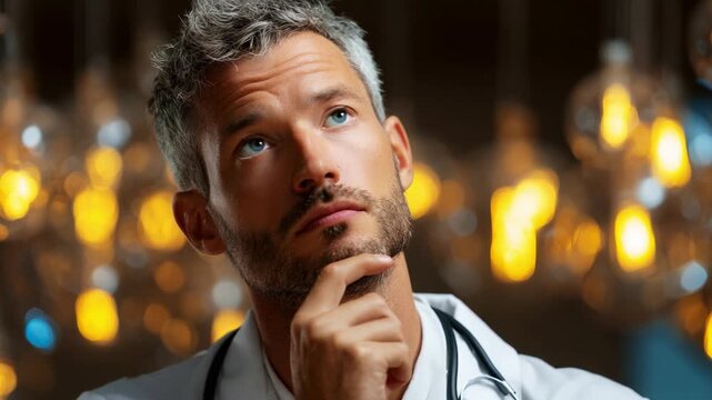Contemplative Doctor in a Bright Atmosphere: A thoughtful physician engages in deep reflection amidst warm, glowing lights, symbolizing hope and medical insight.