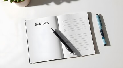 Minimal to-do list blank notebook mockup with pen on clean desk background
