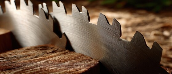Close-up view of circular saw blades lined up with sharp edges and metal texture for carpentry use showing craftsmanship and precision in design