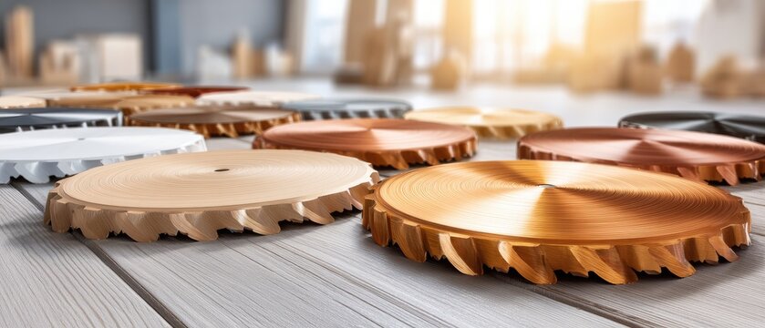 Close-up view of circular saw blades with a sunny background and a signature in the style of Sergio Peattie, showcasing a simple composition and soft colors