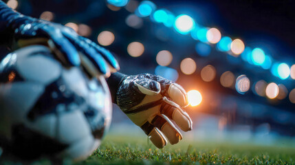 Goalkeeper ready for action during an exciting night soccer match under bright stadium lights