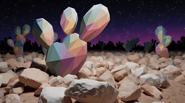 Low-poly desert landscape at twilight featuring a large saguaro cactus amidst rocks and silhouetted cacti under a starry night sky modern vector illustration