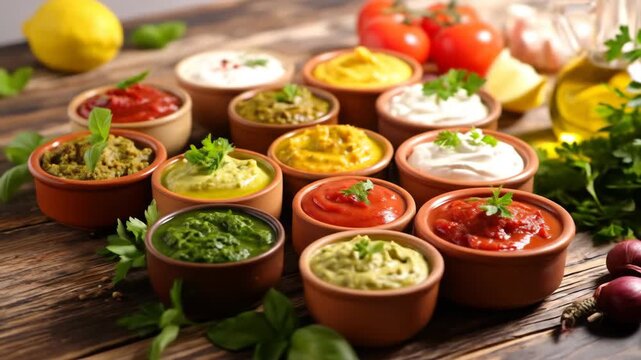 A collection of various sauces and dips in small terracotta bowls, arranged on a rustic wooden surface.
