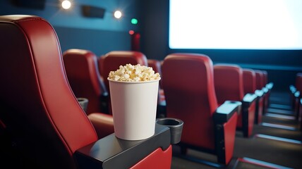 blank white popcorn cup mockup on cinema seat in empty movie theater with screen background