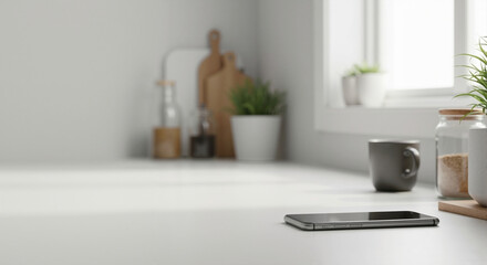 Smartphone on a modern white kitchen counter. Minimalist home interior background with copy space for product mockup