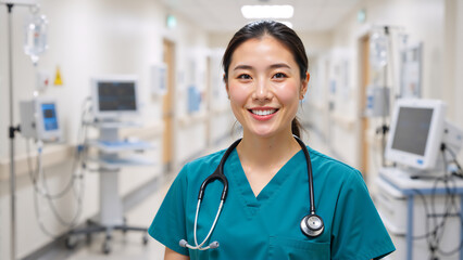 Portrait of a smiling asian female doctor in a hospital hallway. Professional healthcare worker in green scrubs with a stethoscope. Medical care and health services concept
