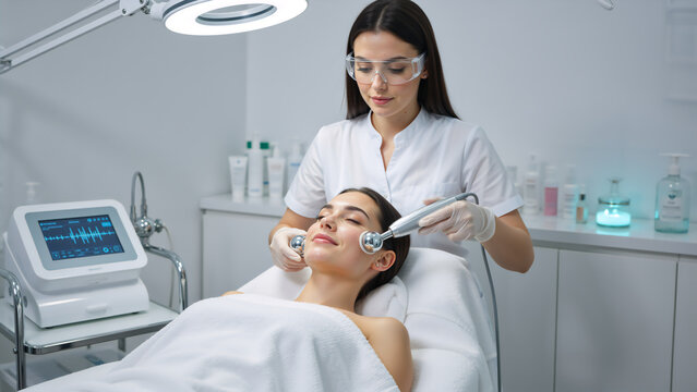 Cosmetologist performing microcurrent facial treatment on a young woman in a clinic. Hardware cosmetology and skin rejuvenation procedure