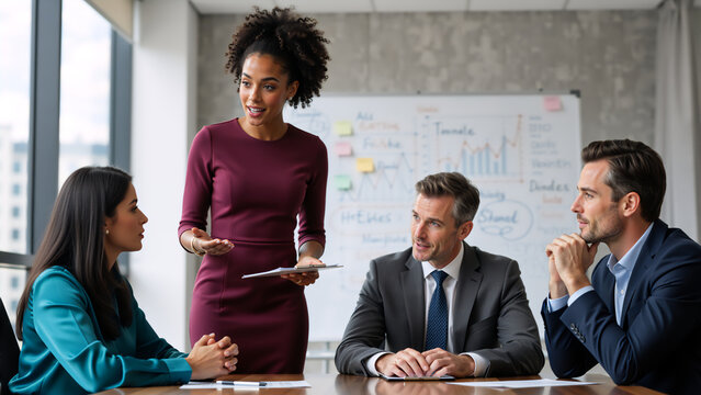 Confident Black businesswoman leading a presentation in a corporate meeting. Diverse team of colleagues collaborating in a modern office. Professional group discussing business strategy - Powered by Adobe
