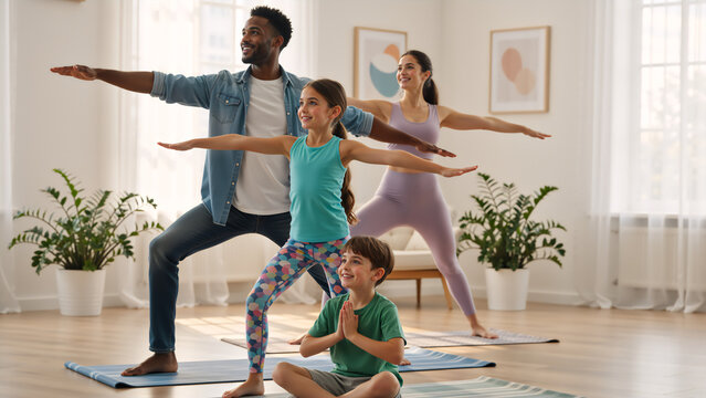 Happy multi-ethnic family practicing yoga together in a modern living room. Parents and children exercising at home. Healthy lifestyle concept - Powered by Adobe