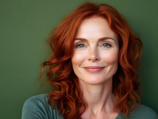 Smiling middle-aged woman with red hair on green background