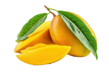 Ripe mango with slices and leaves isolated on transparent background. Vibrant ripe mangoes freshly picked with green leaves isolated on white background.