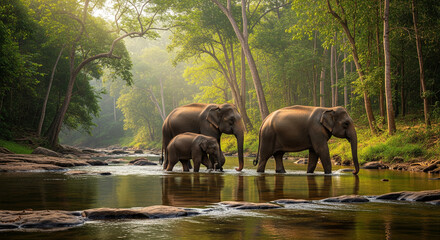 Asian Elephant Family Crossing Forest River