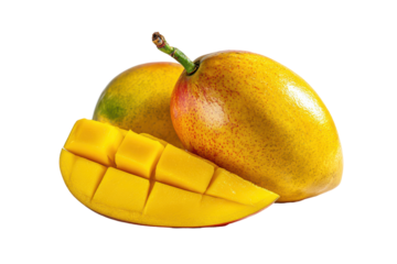 Ripe mangoes and sliced mango isolated on transparent background. Fresh ripe mangoes two whole one sliced isolated on white background.