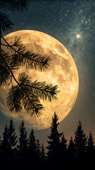 Majestic full moon rising above the forest canopy at night