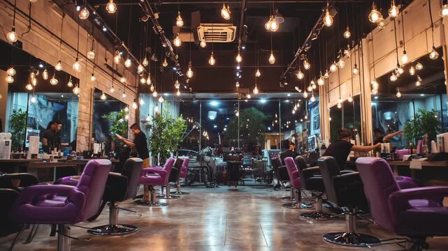 A photo of a hair salon with chairs and lights hanging from the ceiling creating a modern and stylish atmosphere A hair salon full of bright colors and busy hairdressers