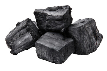 Pile of rough coal chunks isolated on transparent background. Pile of rough dark charcoal lumps natural fuel resource on plain surface isolated on white background.