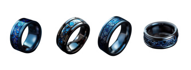 Four views of a blue and silver tungsten carbide wedding ring isolated on transparent background