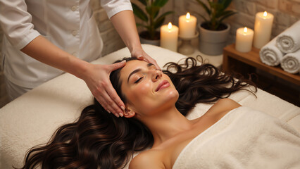Young woman receiving head massage in spa salon. Relaxed female getting facial treatment from therapist. Wellness and skin care concept
