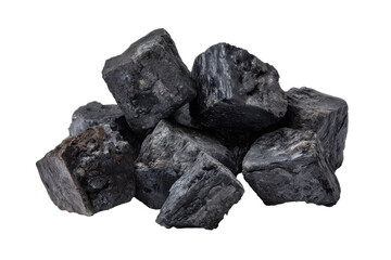 Obraz premium Pile of rough black coal chunks isolated on transparent background. Pile of rough dark black coal chunks isolated on white background.