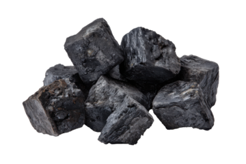 Pile of rough black coal chunks isolated on transparent background. Pile of rough dark black coal chunks isolated on white background.