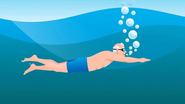 Dynamic Illustration of a Man Swimming Freestyle Underwater with Bubbles and Movement Effects