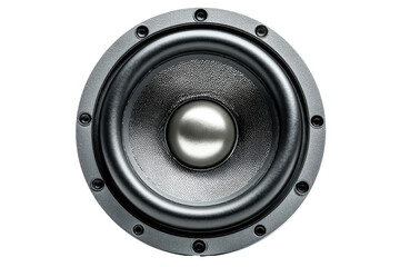Close up of a silver speaker driver isolated on transparent background. Close up view of a high fidelity loudspeaker driver cone and frame isolated on white background.