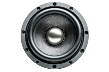 Close up of a silver speaker driver isolated on transparent background. Close up view of a high fidelity loudspeaker driver cone and frame isolated on white background.