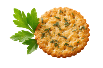 Savory herb and vegetable cracker isolated on transparent background. Deliciously crafted savory cracker topped with fresh parsley isolated on white background.