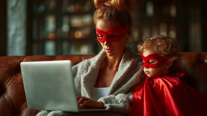 A dynamic duo embraces their superhero spirit, donning vibrant red masks and cozy attire while engaged in a digital adventure, showcasing the bond between parent and child.