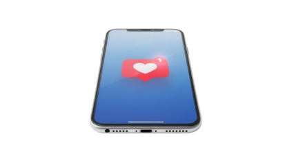 Smartphone screen displays a red heart icon on a blue gradient background isolated on transparent background