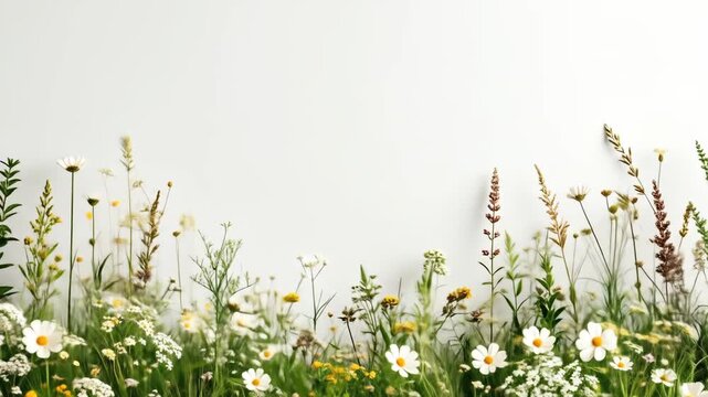 A vibrant display of wildflowers and grasses creates a natural and serene backdrop against a white background.