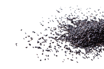 Pile of black sesame seeds isolated on transparent background. Close-up of a textured pile of dark sesame seeds isolated on white background.