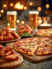 A cozy pub-style table filled with sliced pizza, spicy chicken wings, and glasses of beer, set against a warm background with soft lights, suggesting a casual social gathering or game night.