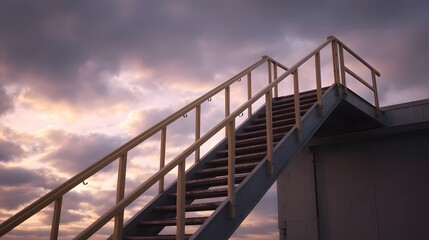 A stark outdoor metal staircase with sturdy handrails ascends towards a dramatic cloudy twilight sky at dusk