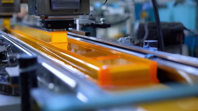 Medium shot of flexible plastic material being processed into a raised flexographic plate showcasing precision machinery in a clean workshop