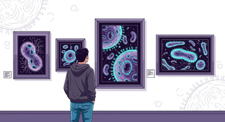 Contemplating microscopic art: A visitor immersed in an exhibit of cellular masterpieces in a