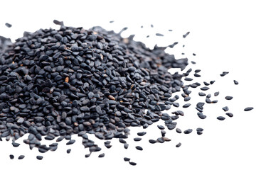 Pile of black sesame seeds isolated on transparent background. Heap of black sesame grains scattered and isolated on white background.