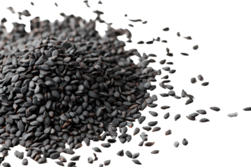 Pile of black sesame seeds falling isolated on transparent background. Close-up of sesame seeds falling with motion blur in a dynamic composition isolated on white background.