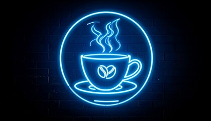  Neon style logo of food point with glowing coffee cup outline