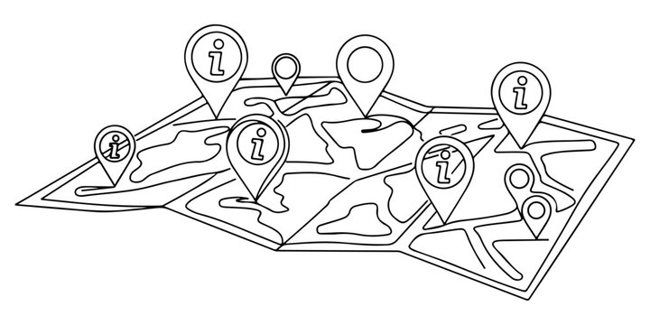 Continuous one line of a map with information pins, representing location based information service, hand drawn vector illustration.